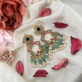 Vriksham Dual Peacock Chandbali Earring-Red Green & White-Pearls-Pastel Green Beads-J3178